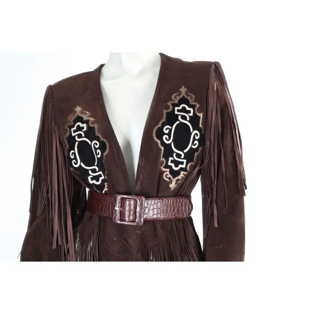 Vintage Brown Suede Fringe Western Jacket XS Boho Embroidered Statement Piece - Picture 16 of 16